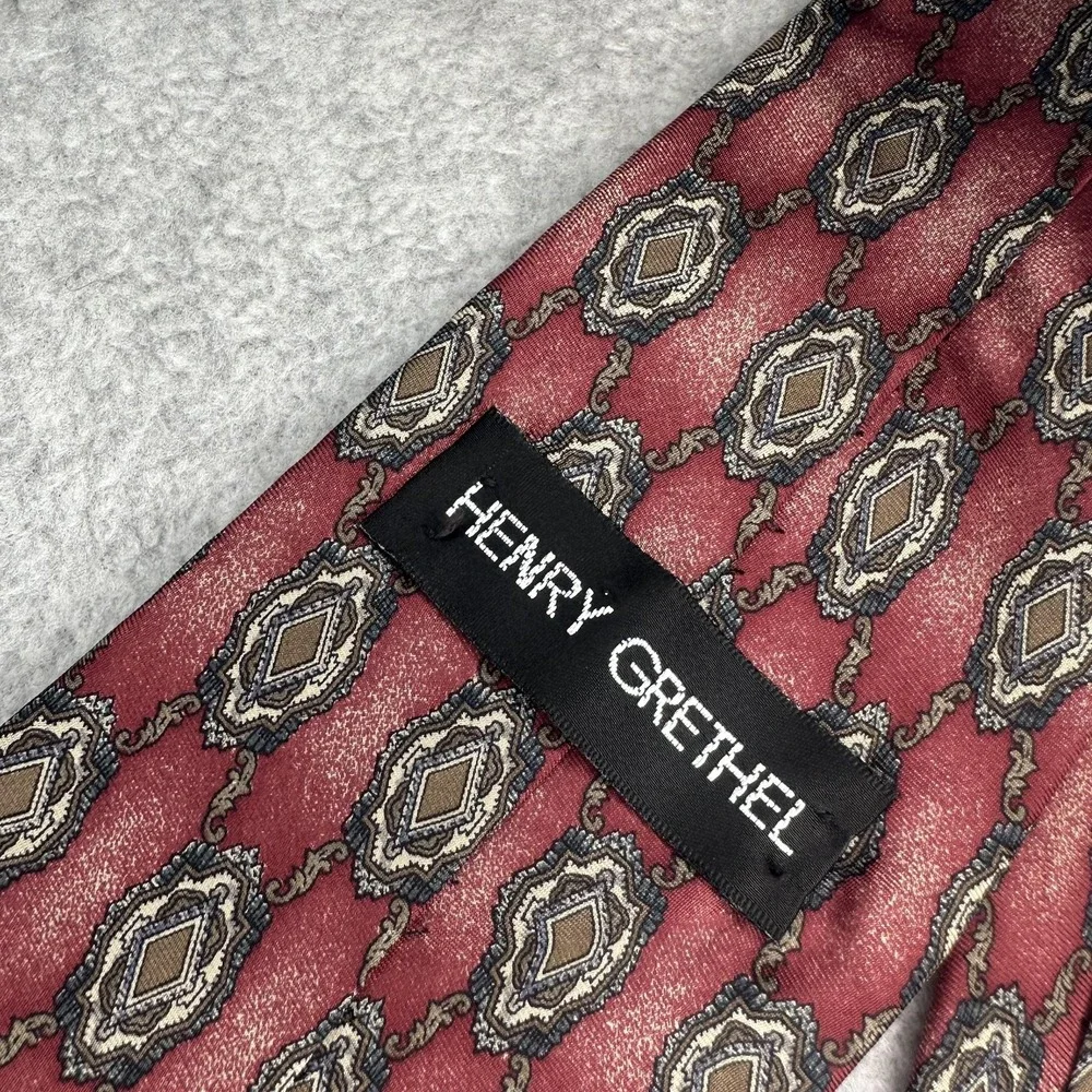 Henry Grethel Tie Mens One‎ Size Burgundy Silk Geometric Medallion Made in USA